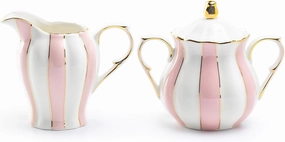 Grace Teaware Pink and White Scallop Fine Porcelain Sugar and Creamer Set with Gold Trim