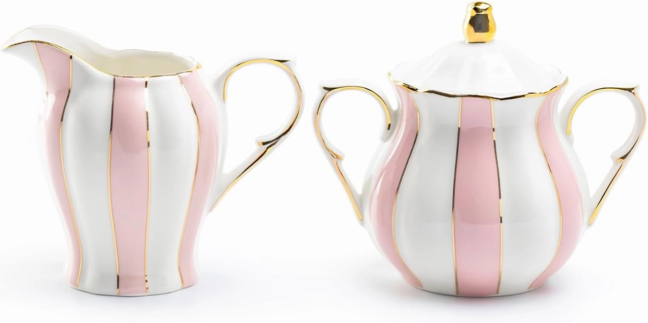 Grace Teaware Pink and White Scallop Fine Porcelain Sugar and Creamer Set with Gold Trim