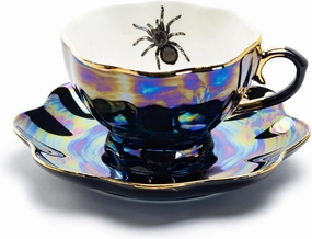 Grace Teaware Spider Black Gold Luster Tea Cup and Saucer with Gold Trim