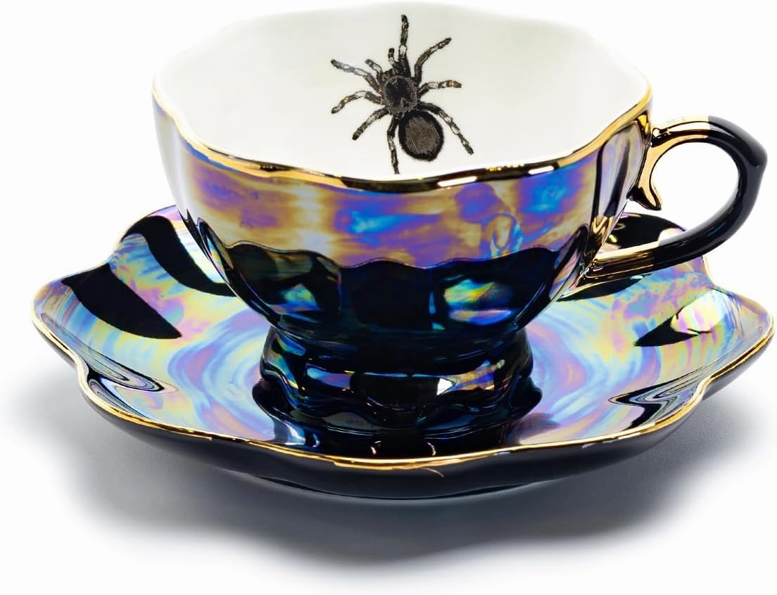 Grace Teaware Spider Black Gold Luster Tea Cup and Saucer with Gold Trim