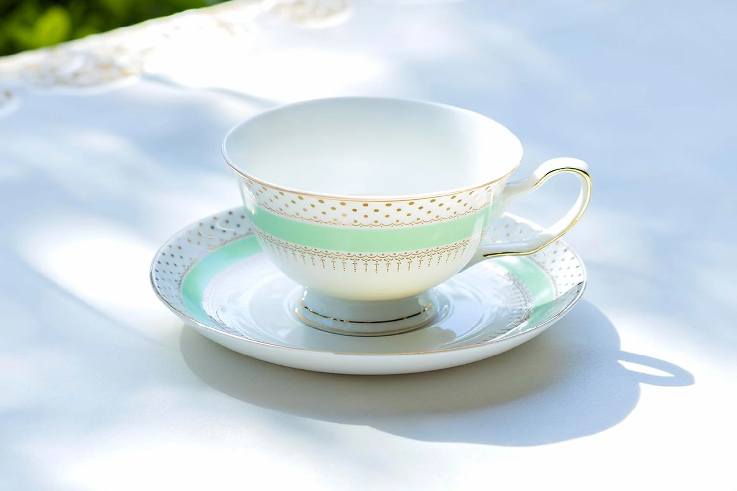Grace Teaware Stripe with Gold Dots Fine Porcelain Tea Cup and Saucer (Mint), Regular