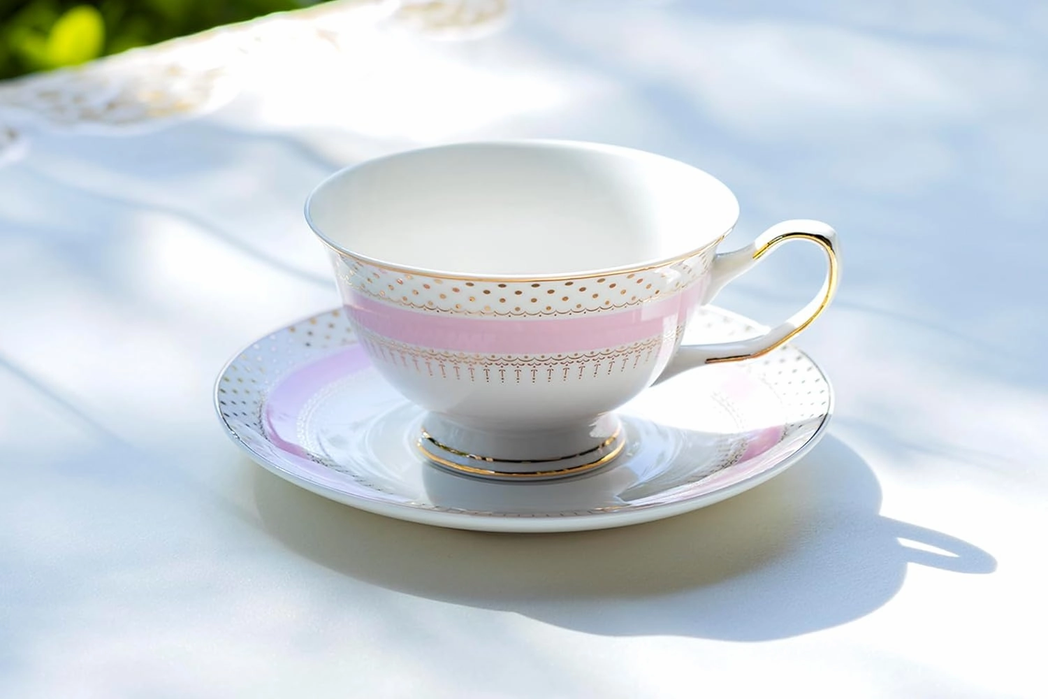 Grace Teaware Stripe with Gold Dots Fine Porcelain Tea Cup and Saucer (Pink), Regular