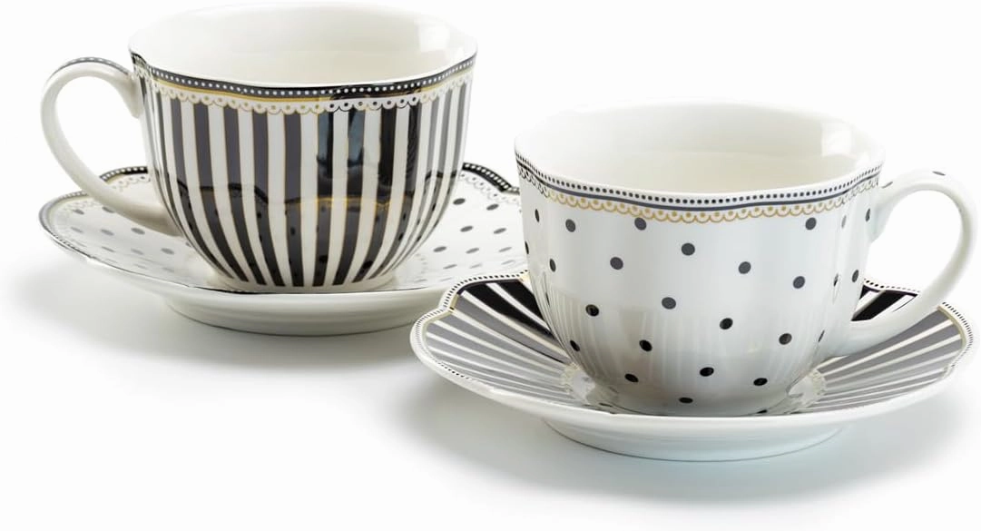 Grace Teaware Stripes and Dots Fine Porcelain Cup and Saucer Set of 2 (Black), Regular