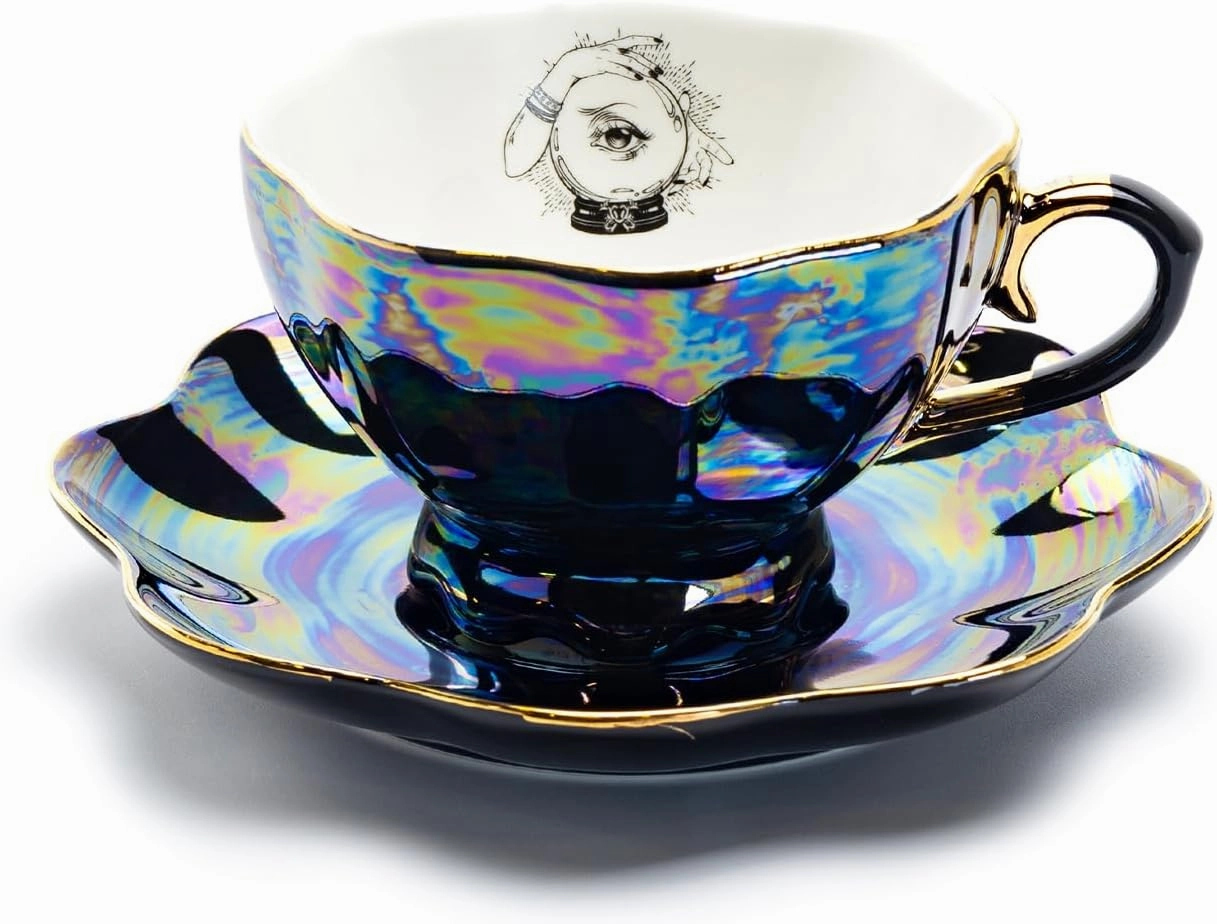 Grace Teaware Witchy Crystal Ball Black Gold Luster Tea Cup and Saucer with Gold Trim