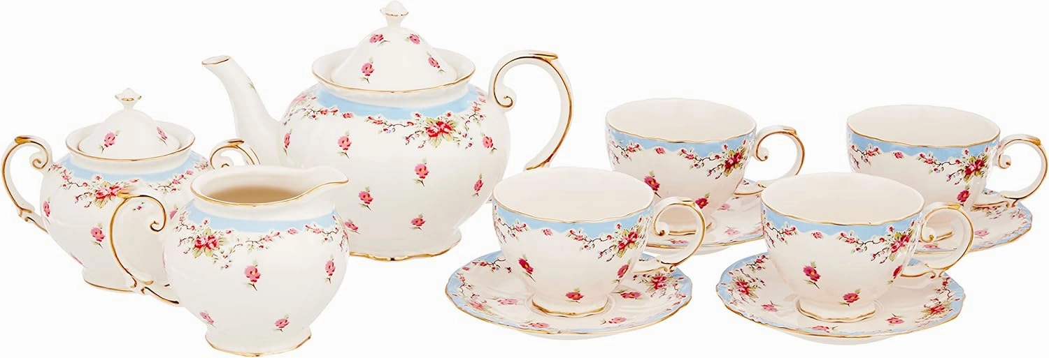 Gracie China by Coastline Imports Vintage Blue Rose Porcelain 11-Piece Tea Set, Blue