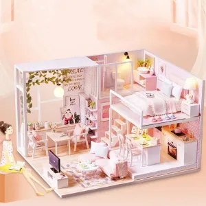 Greensen DIY Miniature Dollhouse Kit Tiny House Kit Wooden Mini House Making Kit with Furniture and Light for Adults and Children