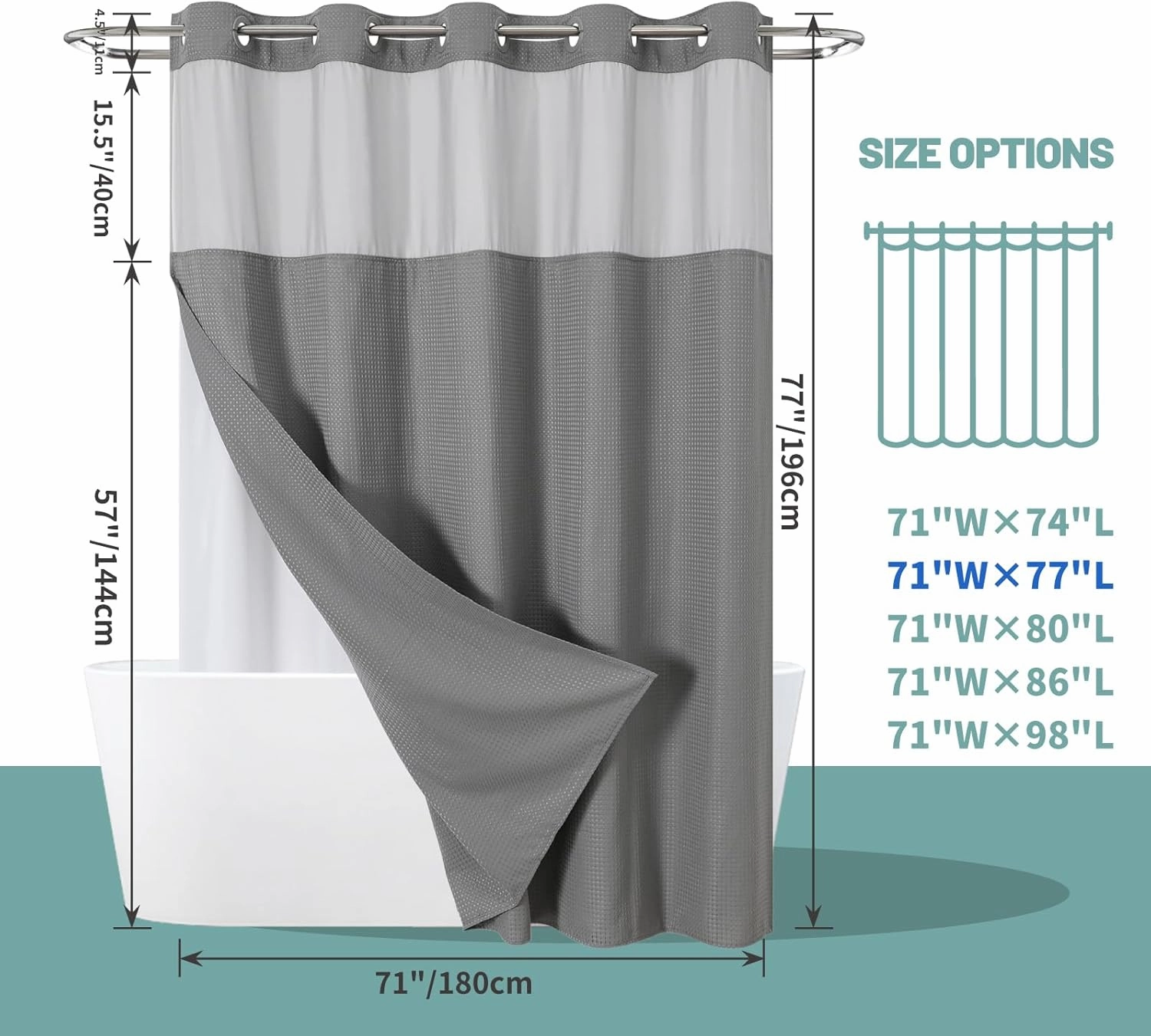 Grey No Hook Waffle Weave Shower Curtain with snap-in Liner Replacement, 230GSM Waterproof Fabric Hotel Shower Curtain Set for Bathroom, Through Mesh Top Window,71Wx77H