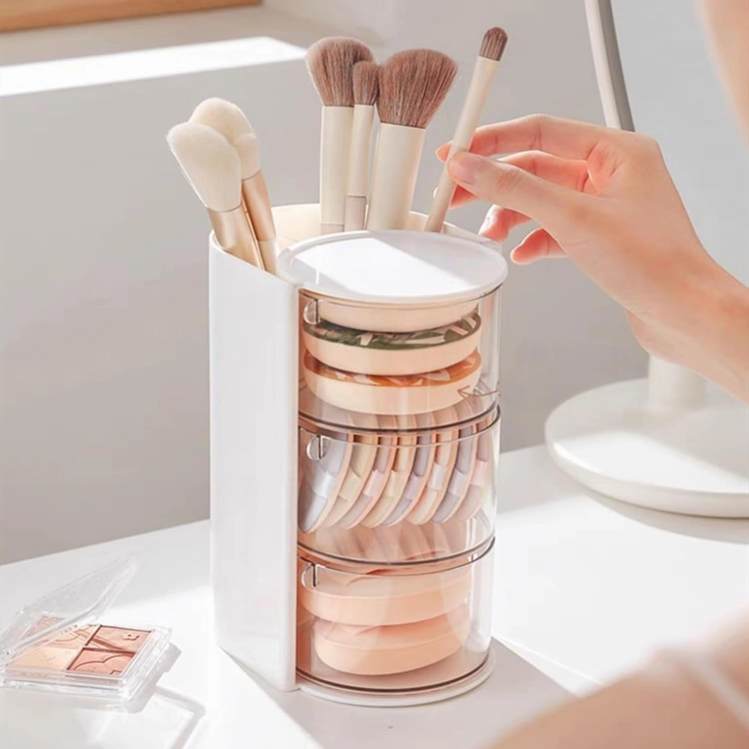 Hair Accessories Organizer with Hair Brush Holder, Rotatable Makeup Brush Holder for Necklaces, Earring, Bracelet, Ring, Makeup Brushes, Hair Clip and Hair Accessories (White, 3-Layer)