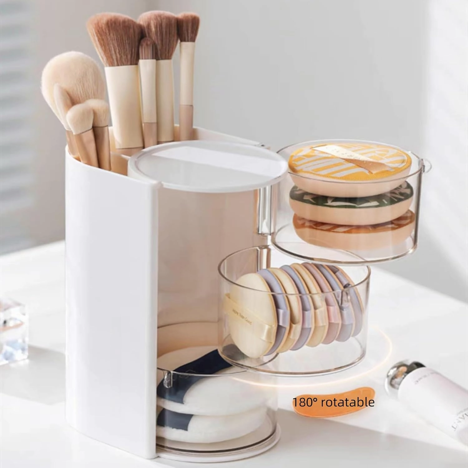 Hair Accessories Organizer with Hair Brush Holder, Rotatable Makeup Brush Holder for Necklaces, Earring, Bracelet, Ring, Makeup Brushes, Hair Clip and Hair Accessories (White, 3-Layer)