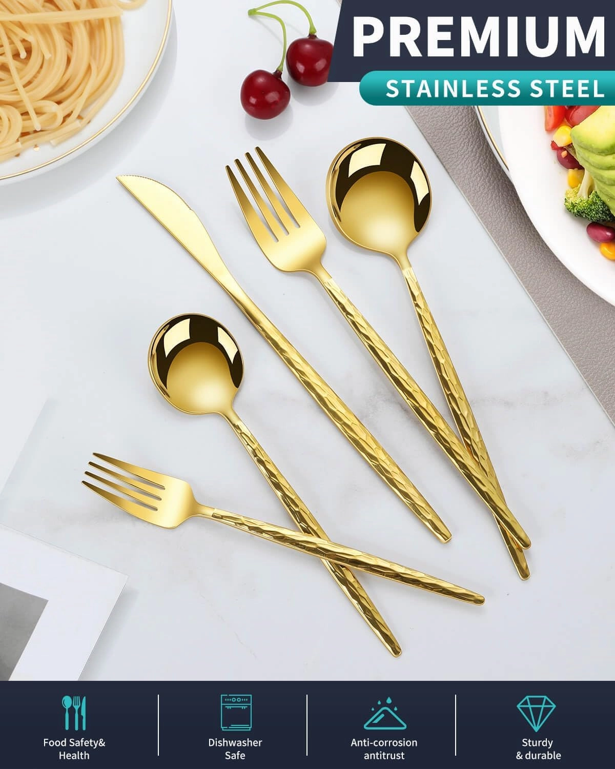 Hammered Gold Silverware Set,30 Piece Stainless Steel Flatware Set for 6,Modern Cutlery Set,Includes Spoon Fork Knives Set,Home Kitchen and Restaurant,Dishwasher Safe