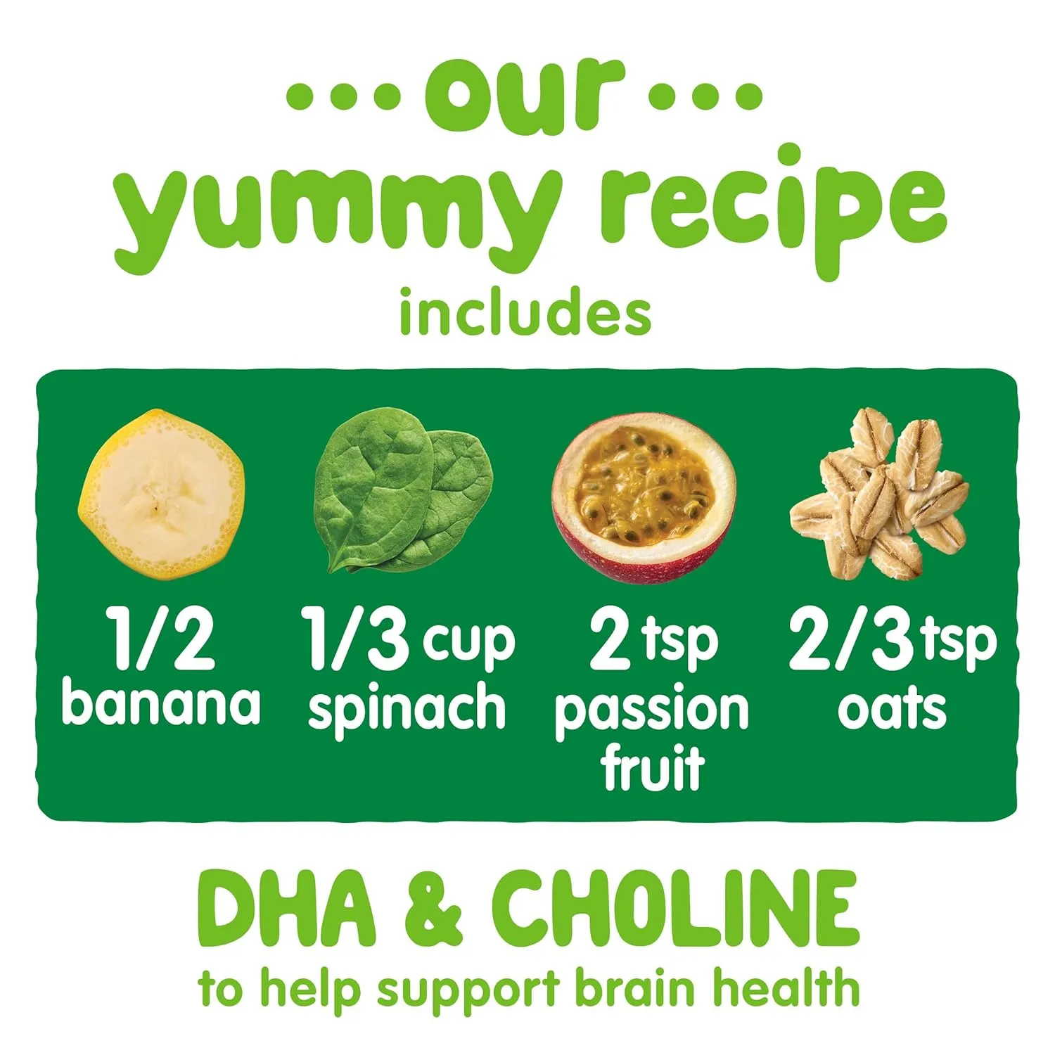 Happy Baby Organics Brain Support Blends Bananas, Spinach, Passionfruit & Oats with DHA and Choline 4oz Pouch (Pack of 16)