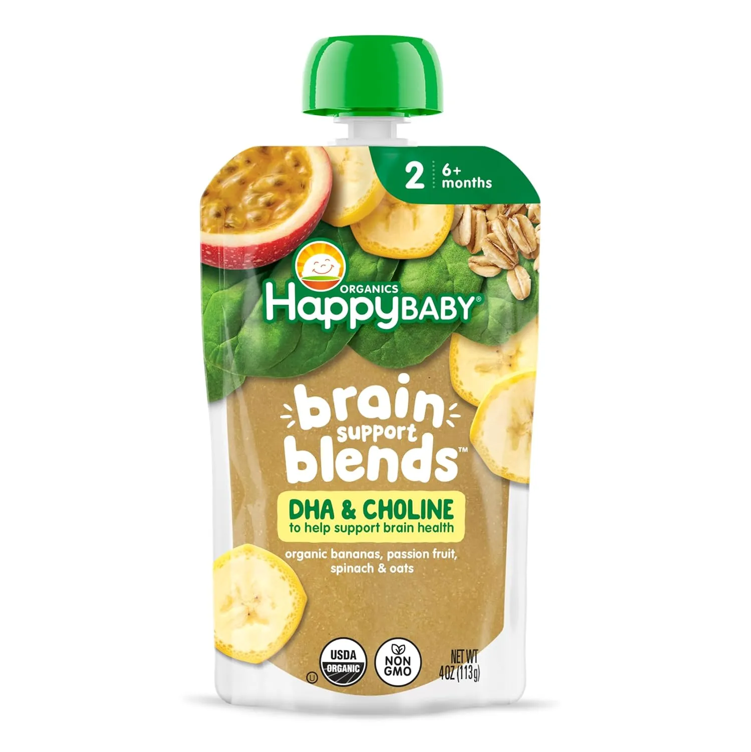 Happy Baby Organics Brain Support Blends Bananas, Spinach, Passionfruit & Oats with DHA and Choline 4oz Pouch (Pack of 16)
