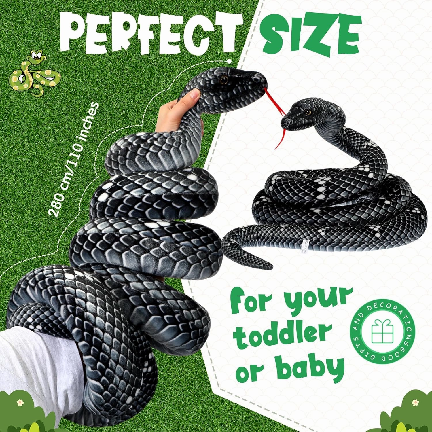 Hiboom Giant Snake Plush Large Stuffed Animal Realistic Stuffed Lifelike Snake Toy Gifts for Birthday Party Decoration Easter Carnival Prank Props(110 Inch,Black)