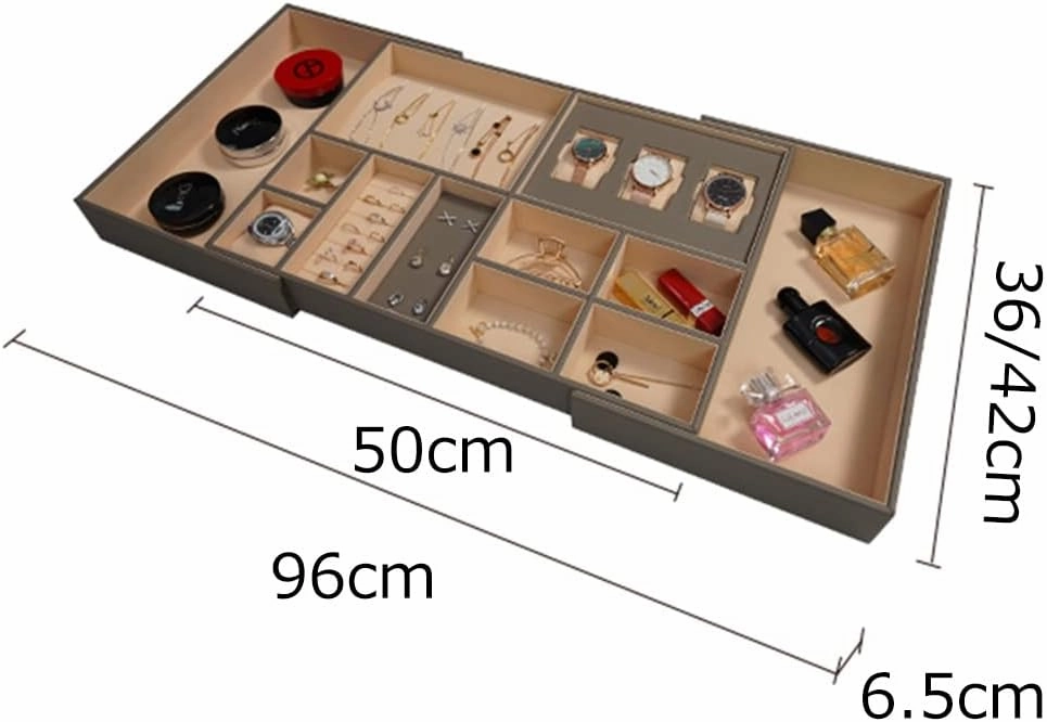 High-end Leather Jewelry Box with lid, Drawer Earring Display Stand, jewlwey Organizer for Ring Necklace,Watch, for Women,Girls (B 50 * 36 * 6.5cm)