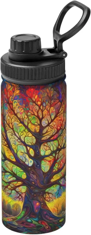 Hippie Colorful Tree 18 oz Stainless Steel Water Bottles Insulated Sports Water Bottle with Spout Lid, Hippy Pattern Double Wall Travel Water Flask for Running Hiking Fishing