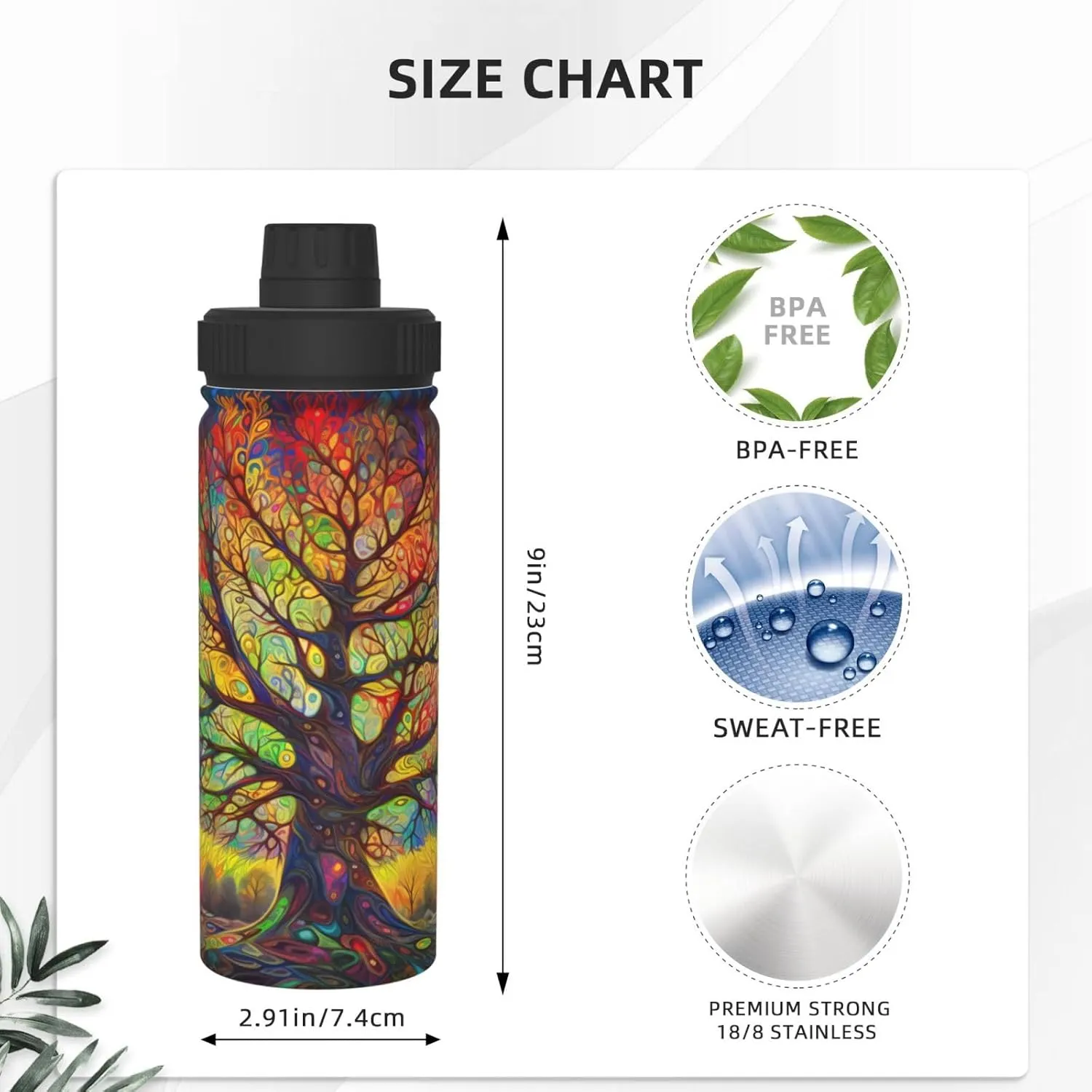 Hippie Colorful Tree 18 oz Stainless Steel Water Bottles Insulated Sports Water Bottle with Spout Lid, Hippy Pattern Double Wall Travel Water Flask for Running Hiking Fishing