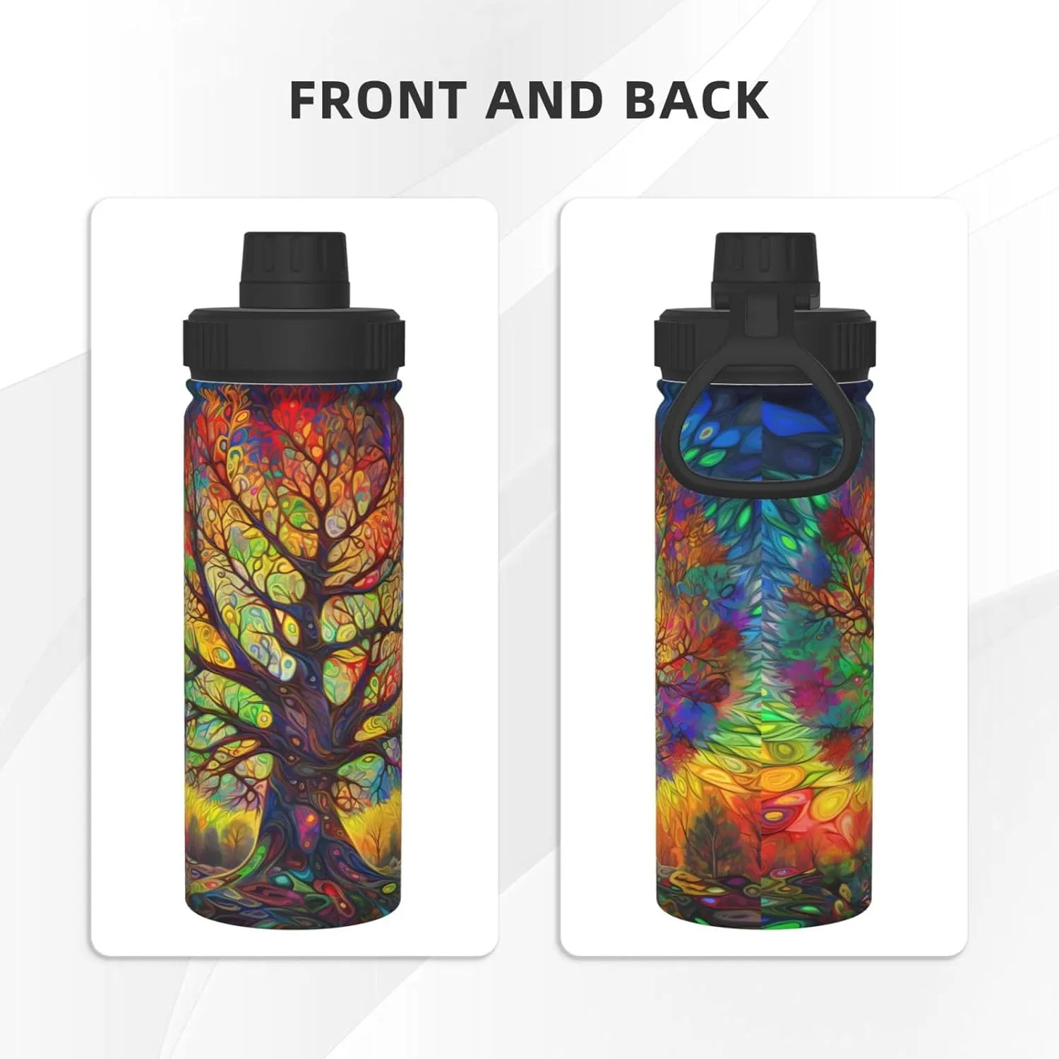 Hippie Colorful Tree 18 oz Stainless Steel Water Bottles Insulated Sports Water Bottle with Spout Lid, Hippy Pattern Double Wall Travel Water Flask for Running Hiking Fishing