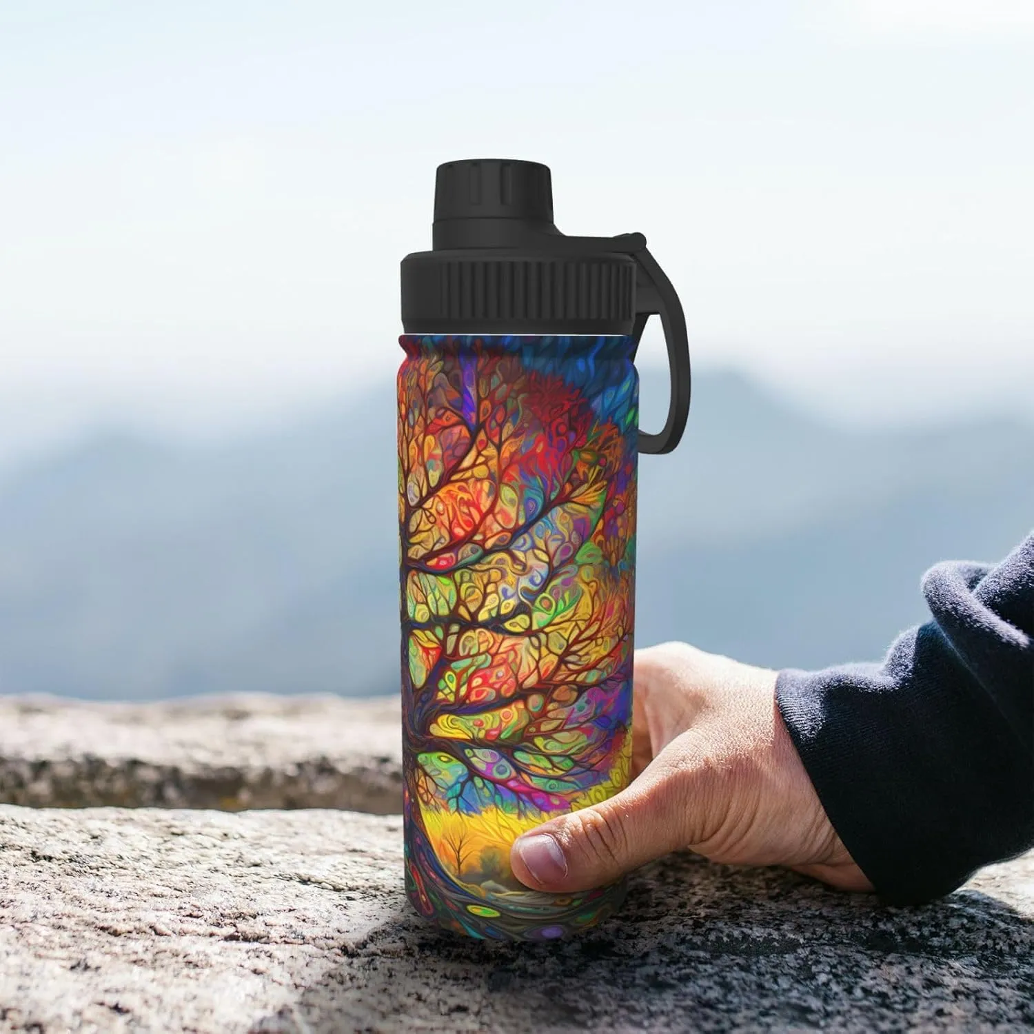 Hippie Colorful Tree 18 oz Stainless Steel Water Bottles Insulated Sports Water Bottle with Spout Lid, Hippy Pattern Double Wall Travel Water Flask for Running Hiking Fishing