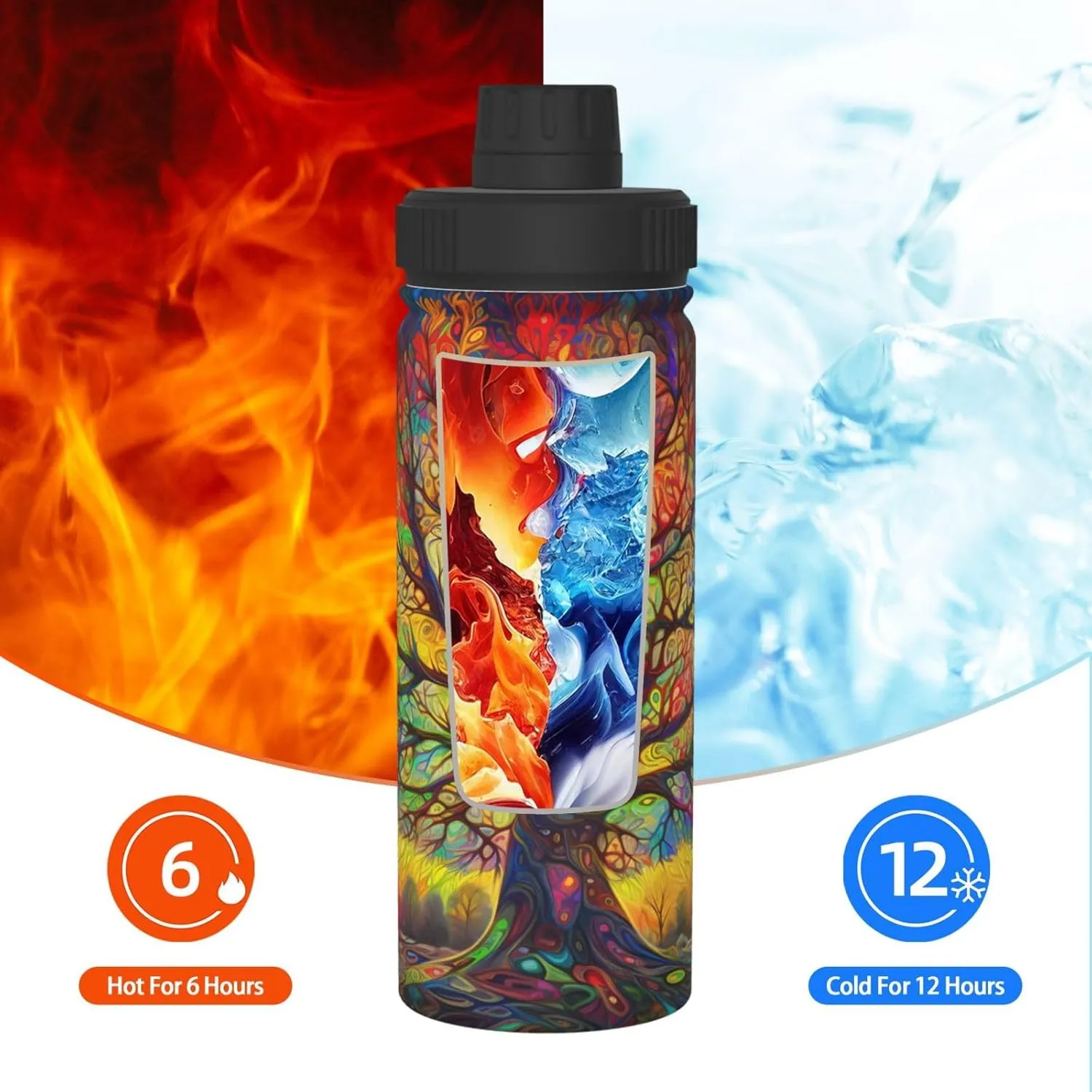 Hippie Colorful Tree 18 oz Stainless Steel Water Bottles Insulated Sports Water Bottle with Spout Lid, Hippy Pattern Double Wall Travel Water Flask for Running Hiking Fishing