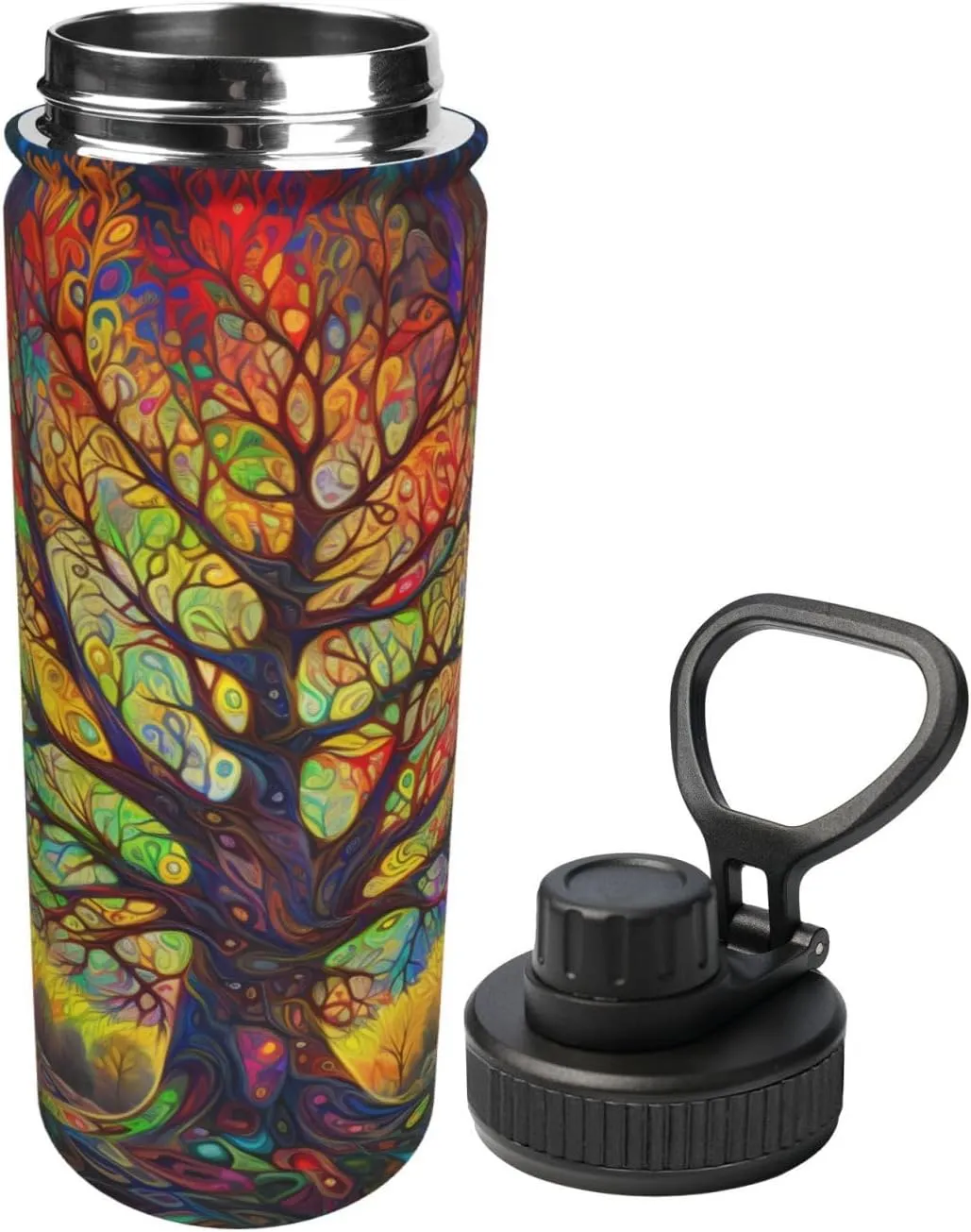 Hippie Colorful Tree 18 oz Stainless Steel Water Bottles Insulated Sports Water Bottle with Spout Lid, Hippy Pattern Double Wall Travel Water Flask for Running Hiking Fishing