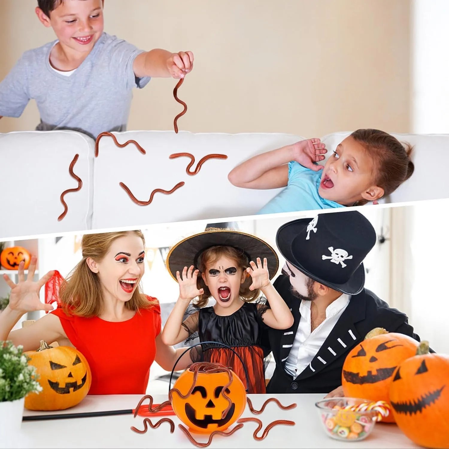 HLARTNET 200 Pcs Halloween Fake Earthworm, Plastic Worm Soft Lifelike Stretchy Rubber Earthworms Trick Toy for Halloween April Fool's Day Party, 7 Inch