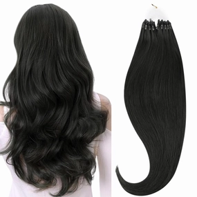 HOTBANANA Micro Ring Hair Extensions, 16 inch 50g 50s Natural Black Micro Beads Link Straight Real Human Hair Extensions