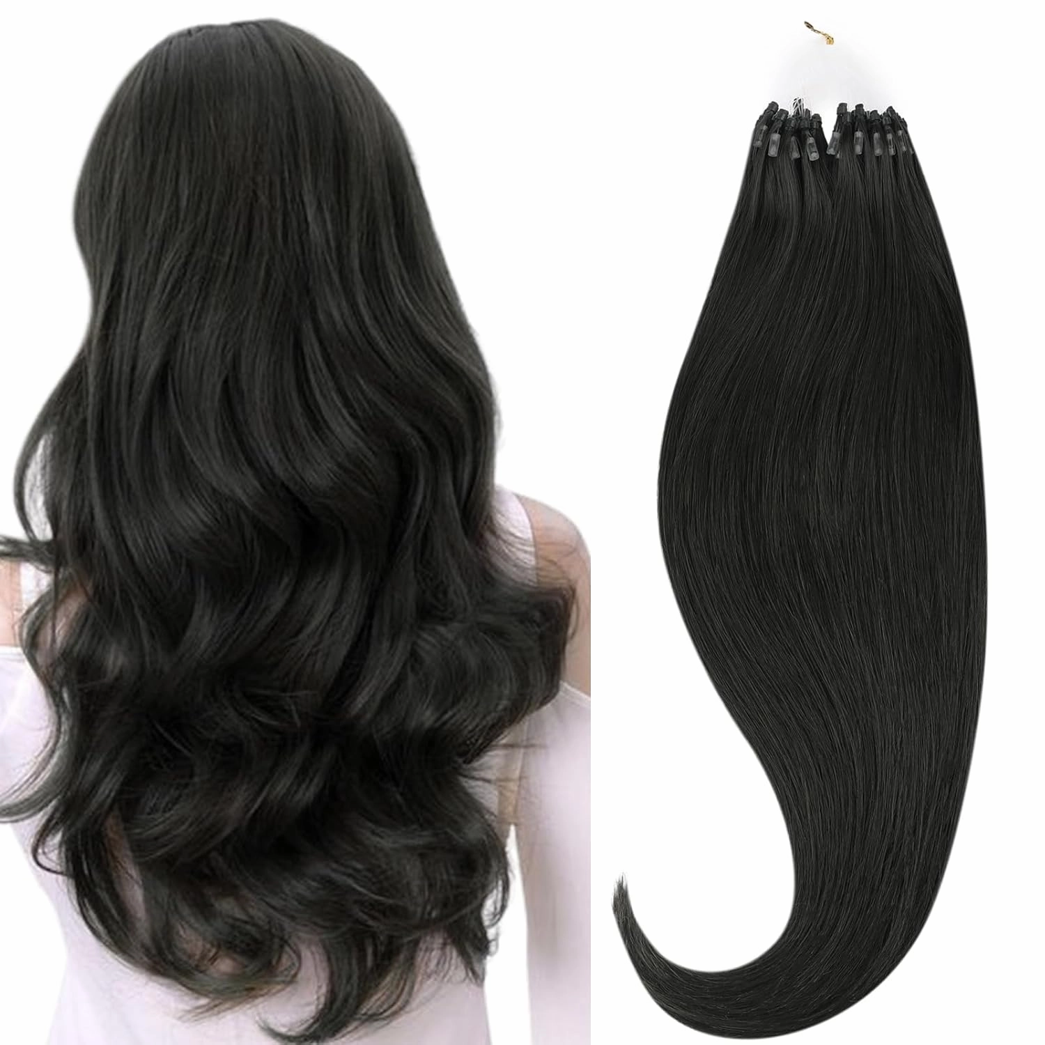 HOTBANANA Micro Ring Hair Extensions, 16 inch 50g 50s Natural Black Micro Beads Link Straight Real Human Hair Extensions