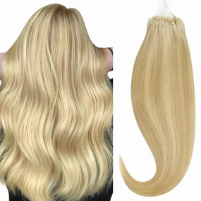 HOTBANANA Micro Ring Hair Extensions Human Hair, 16 inch 50g 50s Light Blonde Highlighted Golden Blonde Micro Beads Real Human Hair Extensions Straight Micro Link Micro Loop Hair Extensions