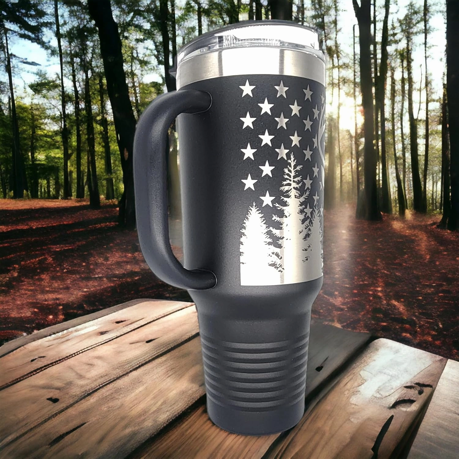 Hunting Fishing American Flag 40oz Tumbler Patriotic Laser Engraved Drinkwear - Engraved in the USA (Hunting and Fishing Black, 40oz Tumbler)