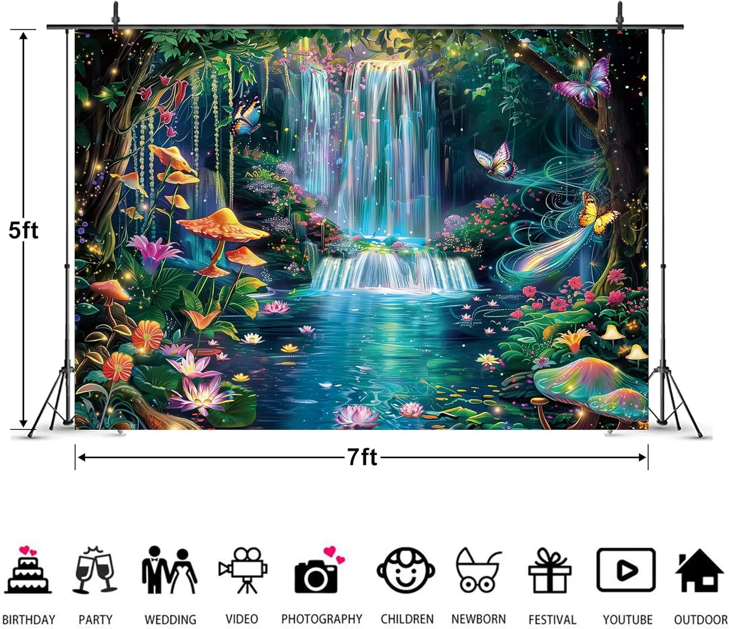 Imirell Fairy Backdrop 7Wx5H Feet Enchanted Woodland Waterfall Mushroom Green Butterfly Flower Polyester Fabric Tree Plant Leaves Birthday Photography Backgrounds Photo Shoot Decor Props Decoration
