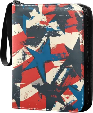Independence Day Retro Stars Card Binder 4 Pocket Collectible Trading Card Albums with 50 Sleeves Double Side PU Waterproof 3 Ring for Sports & Game Cards