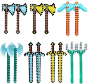 Inflatable Pixel Diamond Weapon, Blow Up 14 Pack Pirate Swords Axes Pickaxes Hatchets Tridents Props Toys For Carnival Halloween Birthday Cosplay Pool Game Party Supplies