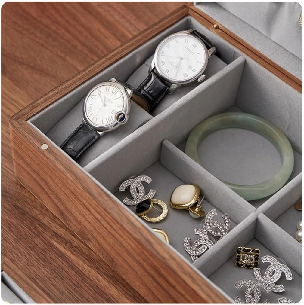Jewelry Storage Box Simple Light Luxury Necklace Watch Black Walnut Wood Jewelry Box Solid Wood Jewelry Anti-oxidation Storage Box Girls' Christmas Gift(Gray)