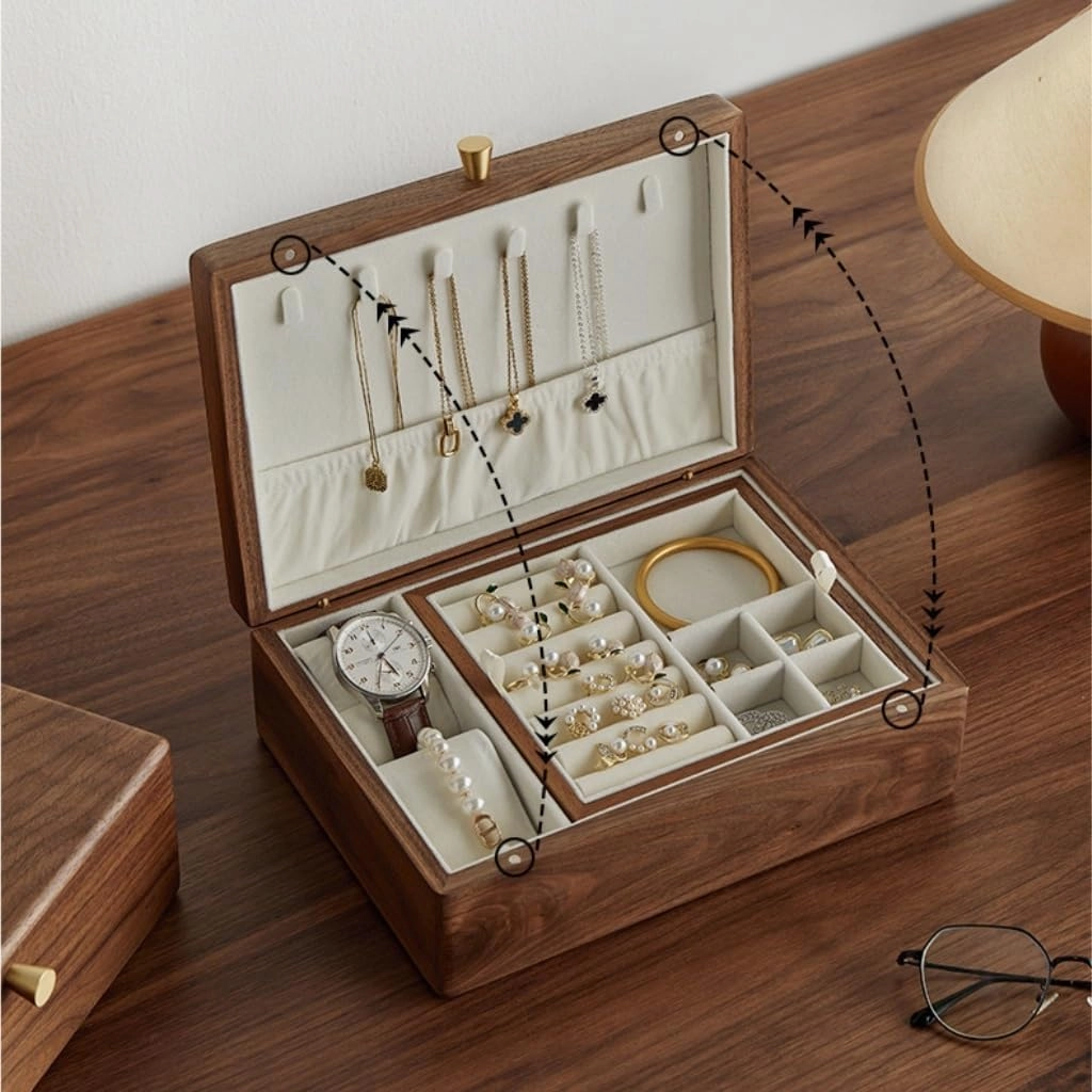 Jewelry Storage Box Simple Light Luxury Necklace Watch Black Walnut Wood Jewelry Box Solid Wood Jewelry Anti-oxidation Storage Box Girls' Christmas Gift(Gray)