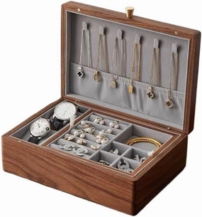 Jewelry Storage Box Simple Light Luxury Necklace Watch Black Walnut Wood Jewelry Box Solid Wood Jewelry Anti-oxidation Storage Box Girls' Christmas Gift(Gray)