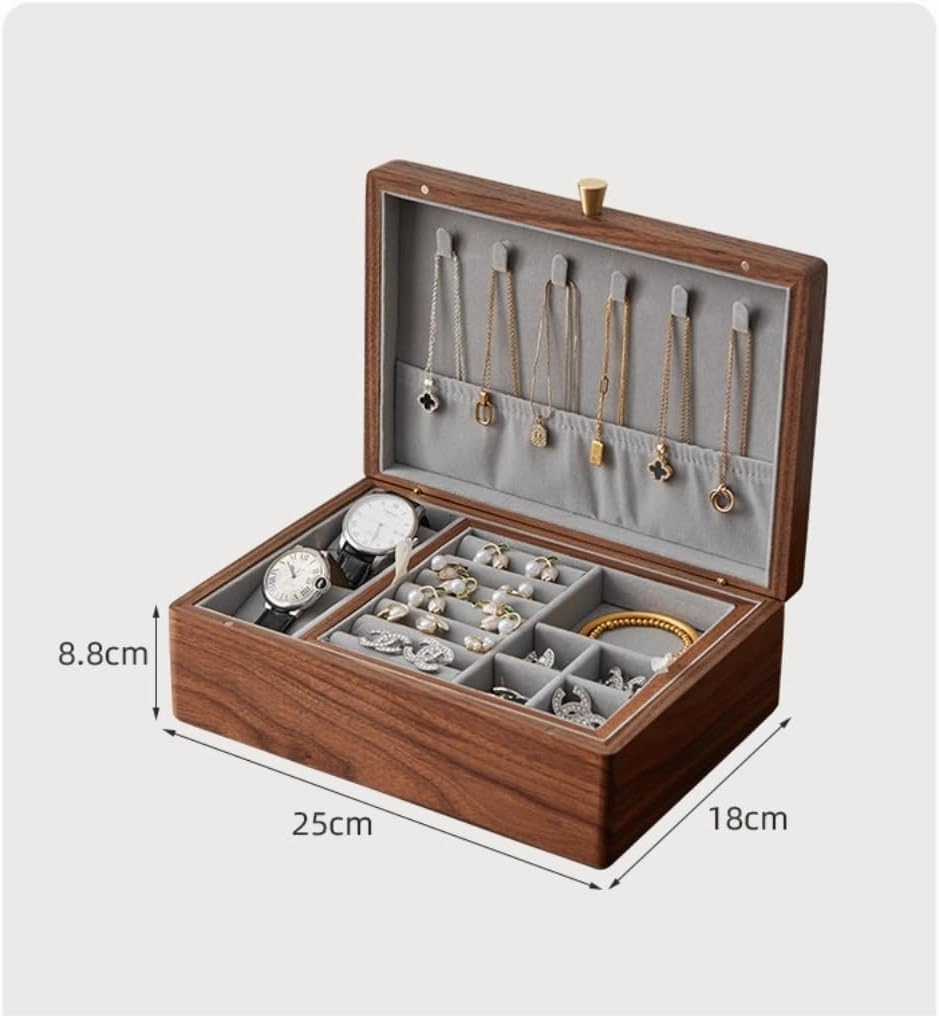 Jewelry Storage Box Simple Light Luxury Necklace Watch Black Walnut Wood Jewelry Box Solid Wood Jewelry Anti-oxidation Storage Box Girls' Christmas Gift(Gray)