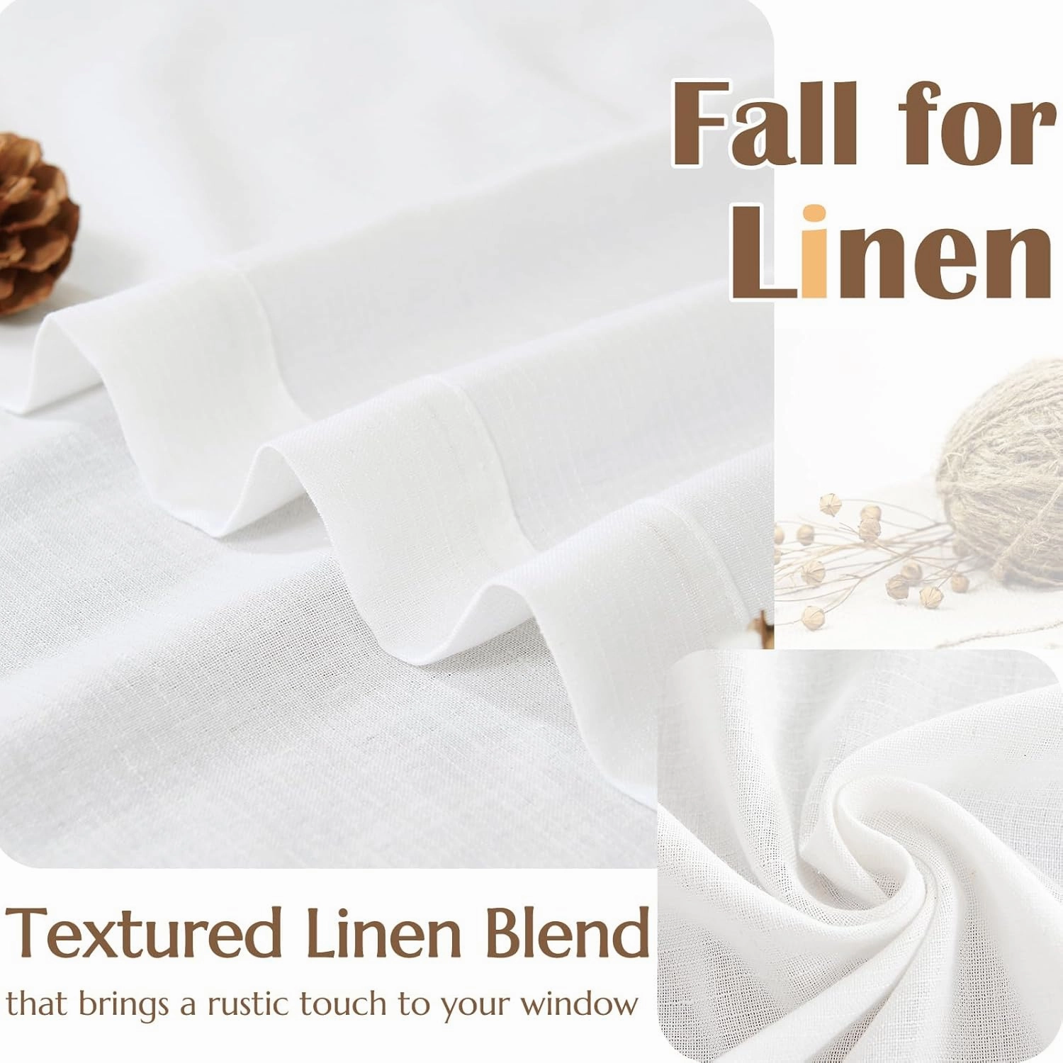 jinchan Linen Pinch Pleated Kitchen Curtains 36 Inch 2 Panels, Natural Linen Tier Curtains Back Tab Beige Farmhouse Cafe, Light Filtering Small Window Drapes for Bathroom Laundry Room Off White