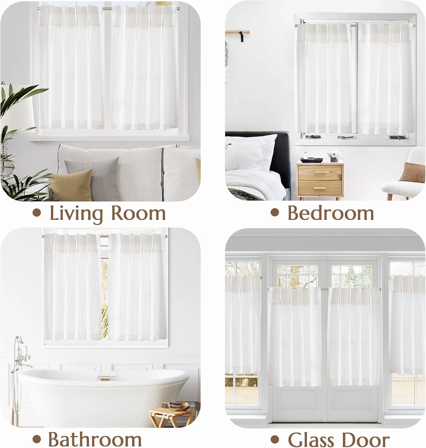 jinchan Linen Pinch Pleated Kitchen Curtains 36 Inch 2 Panels, Natural Linen Tier Curtains Back Tab Beige Farmhouse Cafe, Light Filtering Small Window Drapes for Bathroom Laundry Room Off White