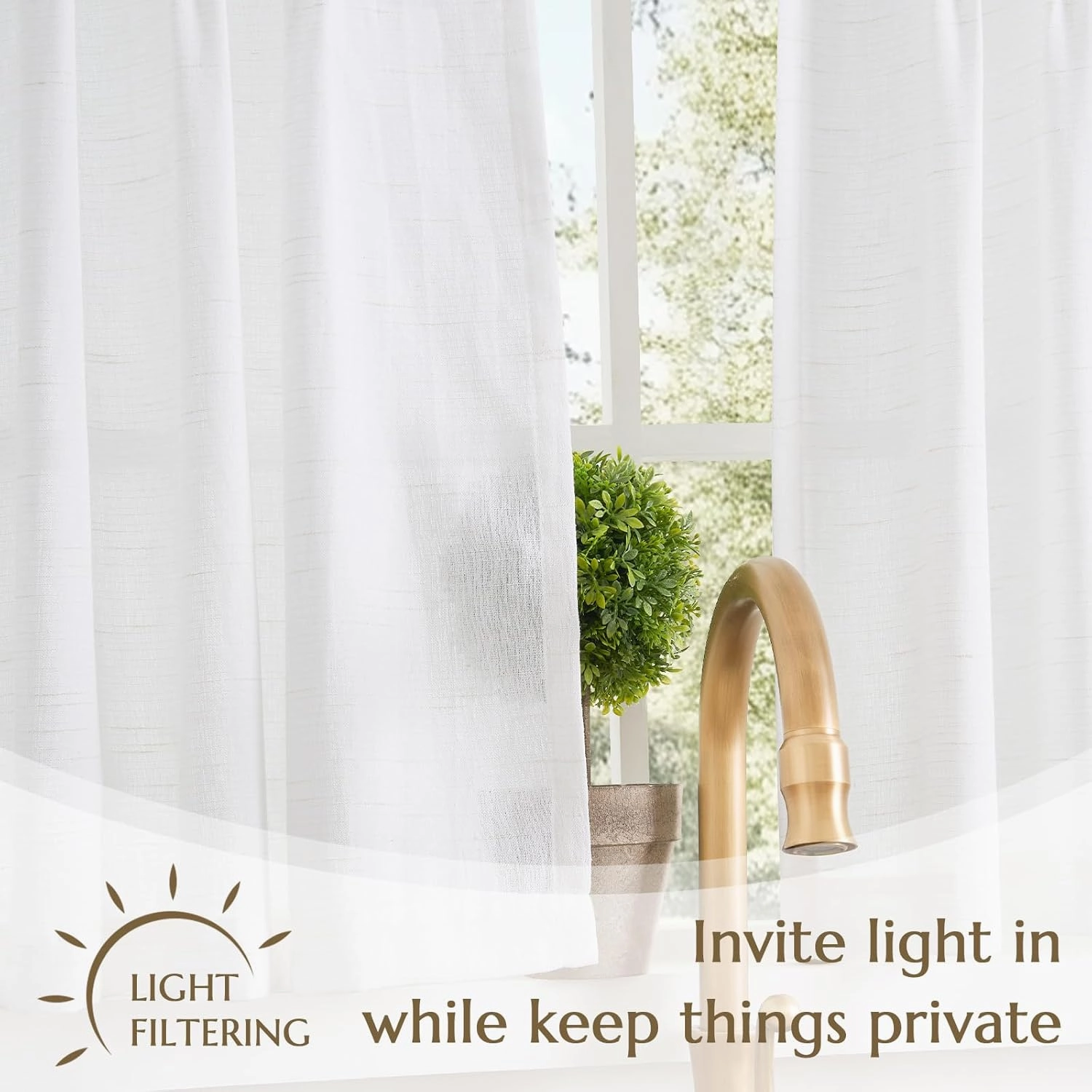 jinchan Linen Pinch Pleated Kitchen Curtains 36 Inch 2 Panels, Natural Linen Tier Curtains Back Tab Beige Farmhouse Cafe, Light Filtering Small Window Drapes for Bathroom Laundry Room Off White