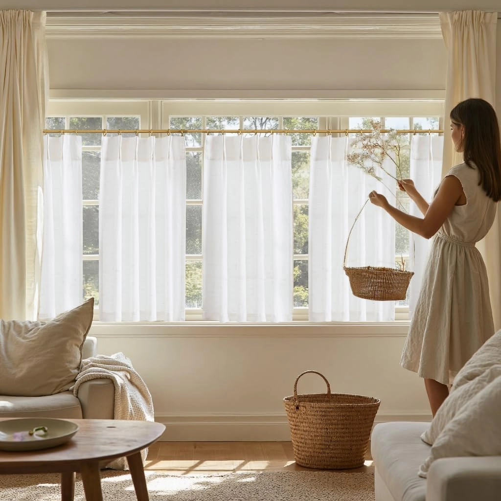 jinchan Linen Pinch Pleated Kitchen Curtains 36 Inch 2 Panels, Natural Linen Tier Curtains Back Tab Beige Farmhouse Cafe, Light Filtering Small Window Drapes for Bathroom Laundry Room Off White