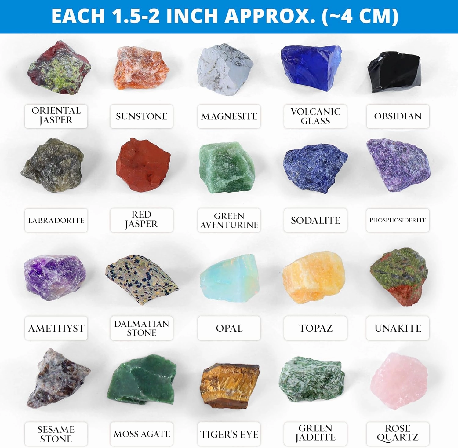 Jumbo Rock Collection Kit - 20 Pcs Large Unpolished Rocks, Minerals & Crystals (1.5-2 inch) with 54 Game Cards, Learning Book, Collector Box & Magnifier - Educational Rock Lover Gift for Kids 6 