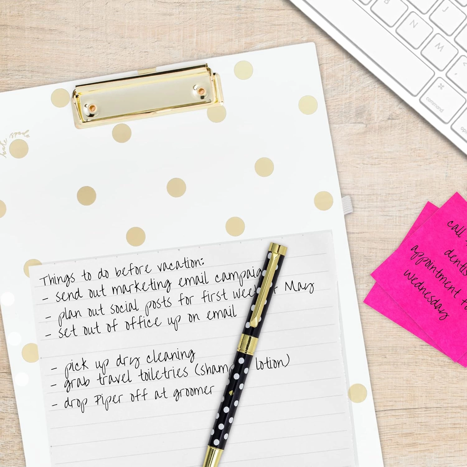 Kate Spade New York A4 Clipboard Folio with Low Profile Clip, Professional Padfolio Includes Lined Notepad, Pen Loop, and Pocket, Gold Dot with Script