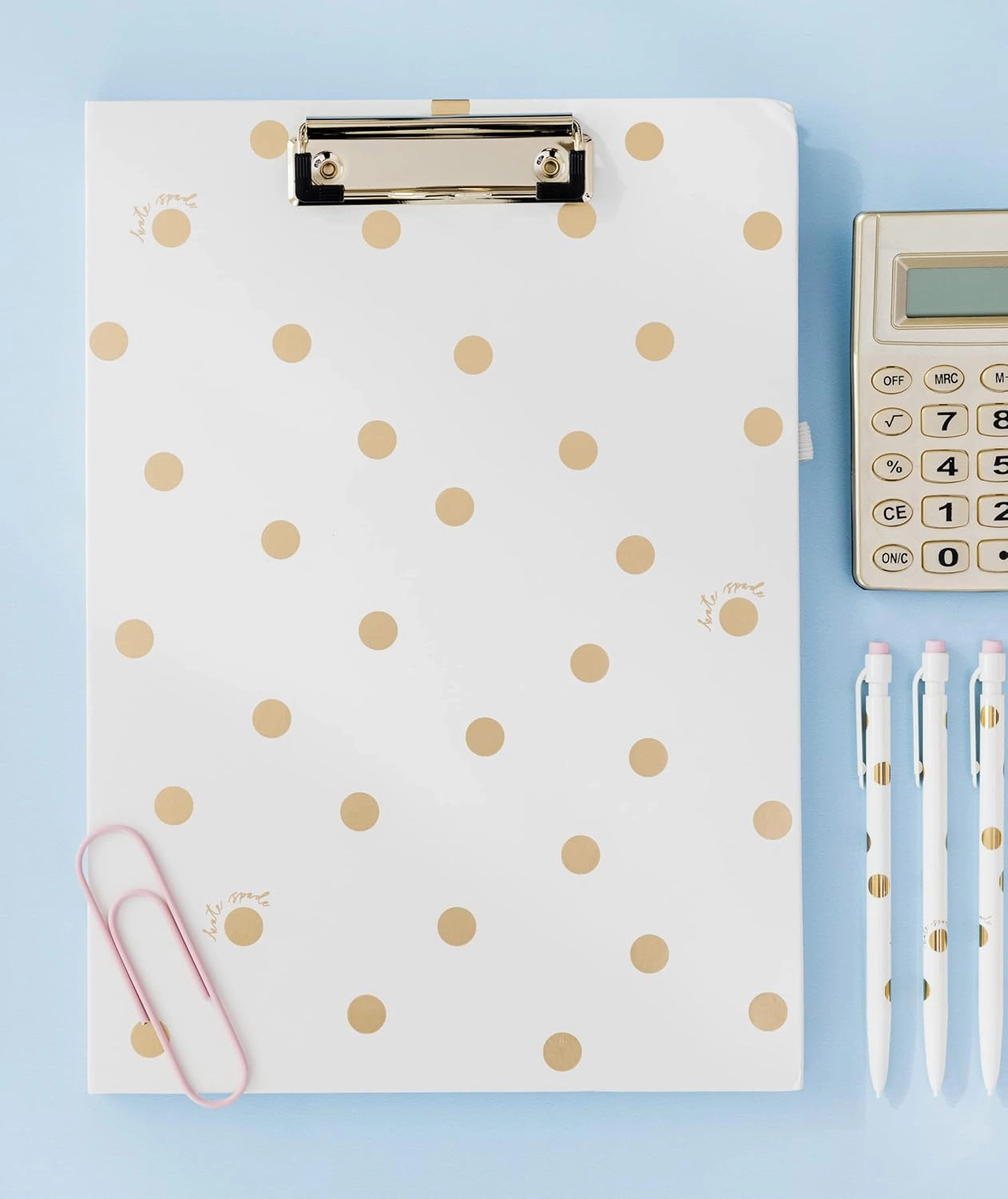 Kate Spade New York A4 Clipboard Folio with Low Profile Clip, Professional Padfolio Includes Lined Notepad, Pen Loop, and Pocket, Gold Dot with Script