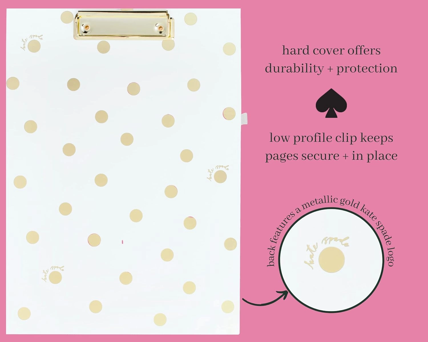 Kate Spade New York A4 Clipboard Folio with Low Profile Clip, Professional Padfolio Includes Lined Notepad, Pen Loop, and Pocket, Gold Dot with Script
