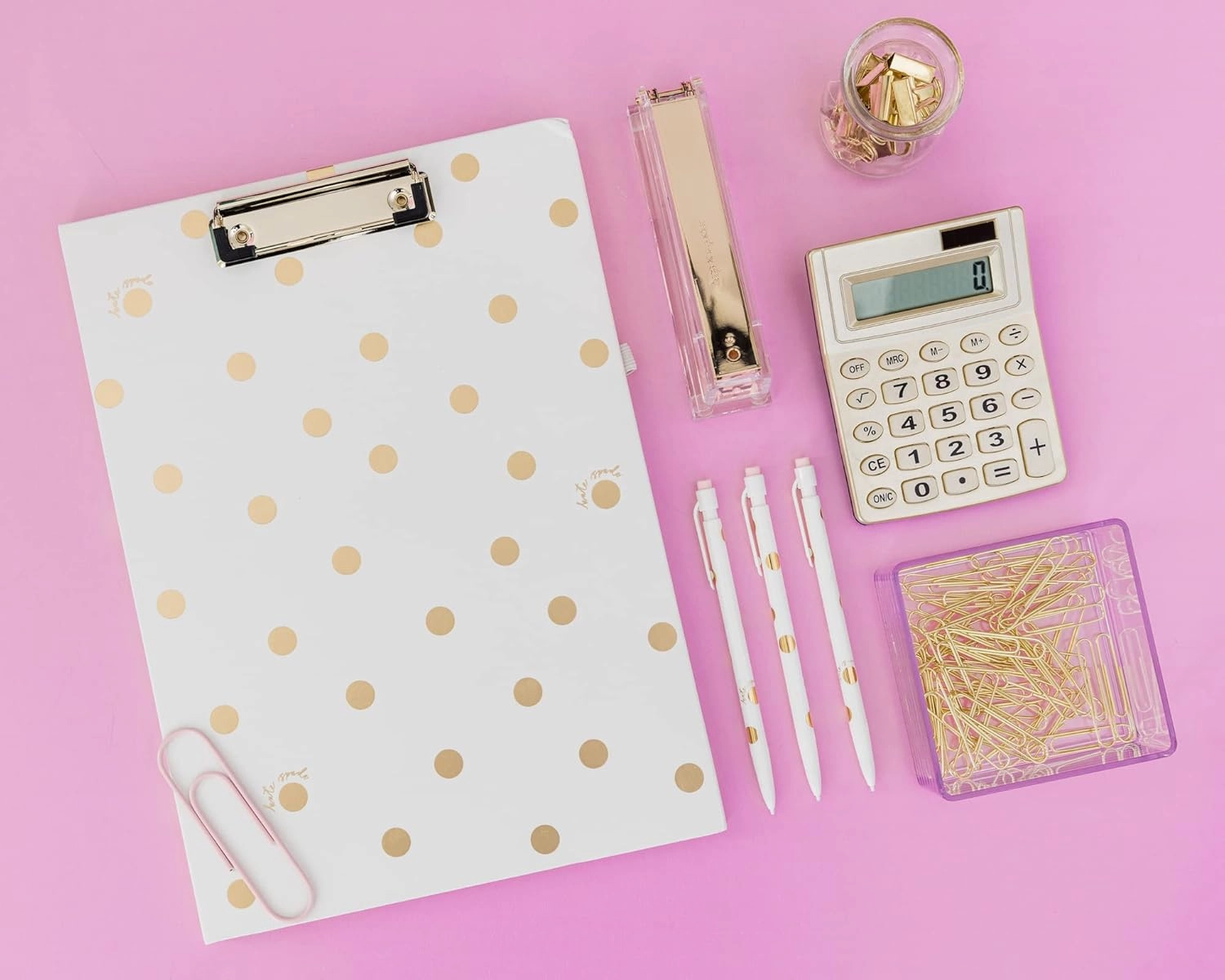 Kate Spade New York A4 Clipboard Folio with Low Profile Clip, Professional Padfolio Includes Lined Notepad, Pen Loop, and Pocket, Gold Dot with Script