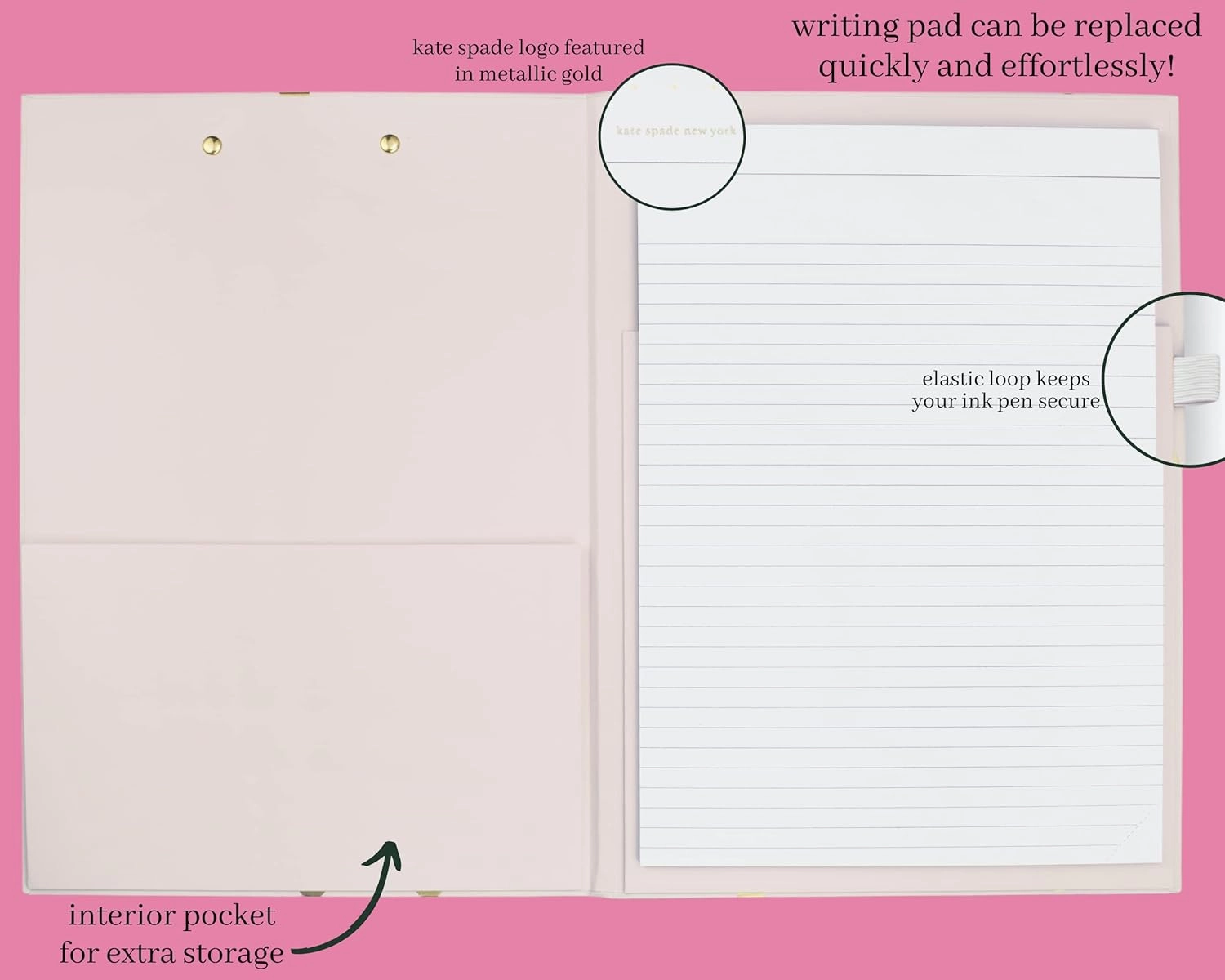 Kate Spade New York A4 Clipboard Folio with Low Profile Clip, Professional Padfolio Includes Lined Notepad, Pen Loop, and Pocket, Gold Dot with Script