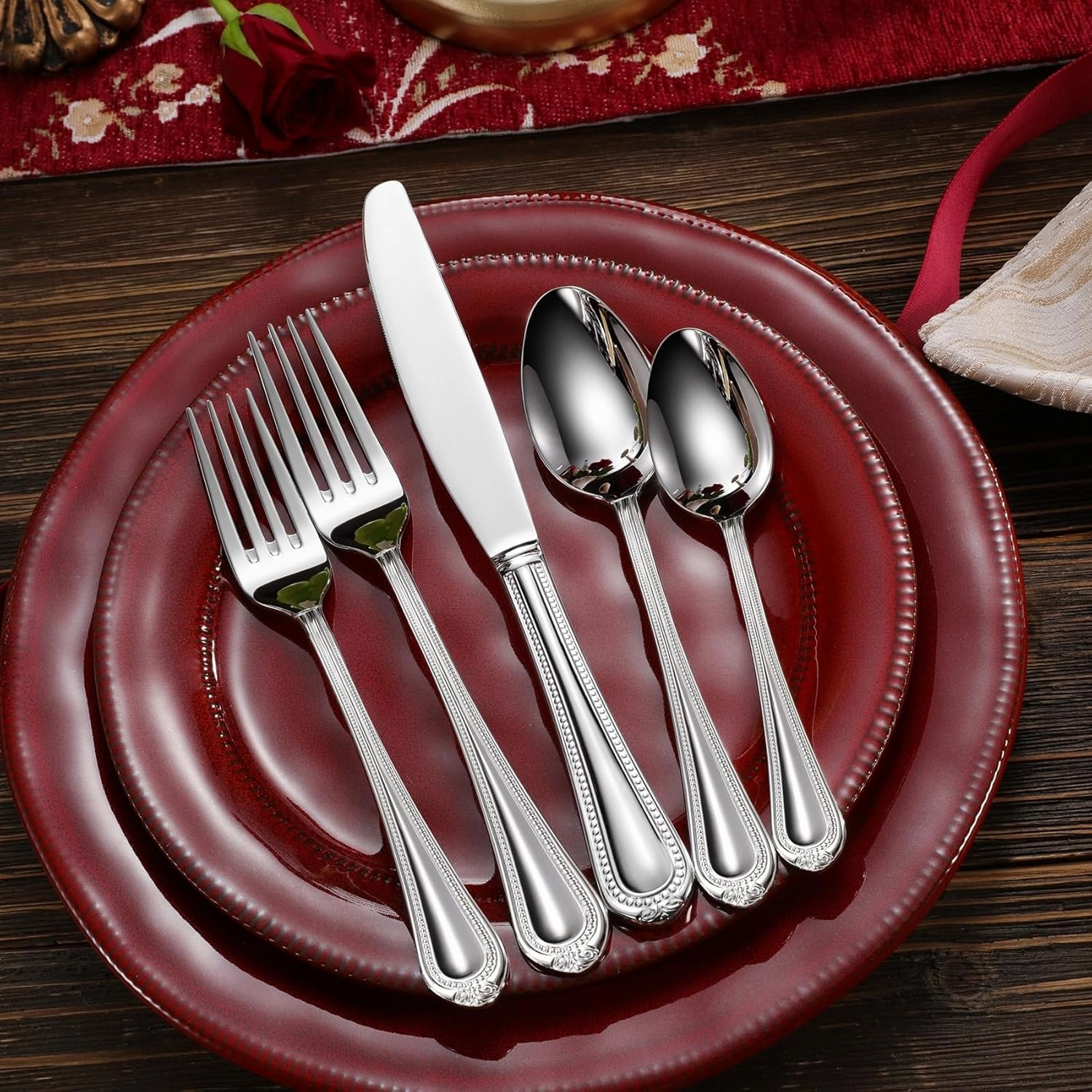KEAWELL Pearl Edge Premium 20-Piece Refined Bead Silverware Set, 18/10 Stainless Steel, Service for 4, Fine Flatware Set, Dishwasher Safe (20, Silver)