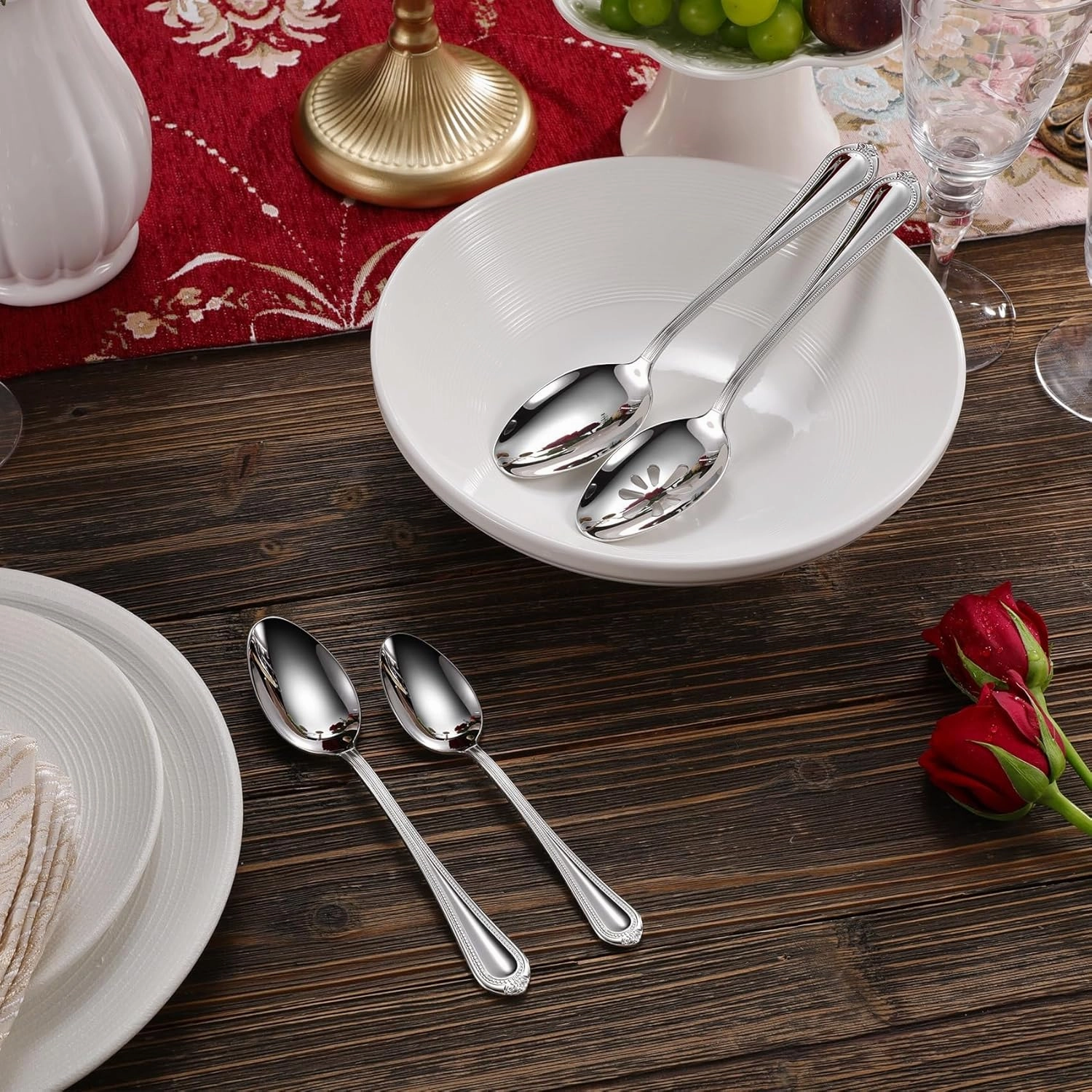 KEAWELL Pearl Edge Premium 65-Piece Refined Bead Silverware Set, 18/10 Stainless Steel, Service for 12, Fine Flatware Set with Serving Utensils, Dishwasher Safe (65, Silver)