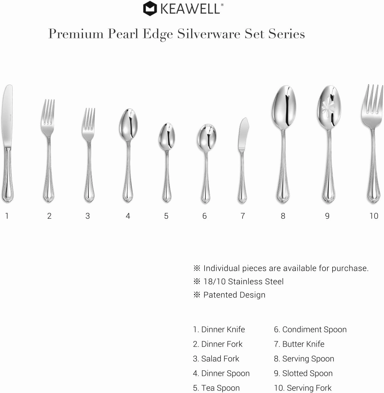 KEAWELL Pearl Edge Premium 65-Piece Refined Bead Silverware Set, 18/10 Stainless Steel, Service for 12, Fine Flatware Set with Serving Utensils, Dishwasher Safe (65, Silver)