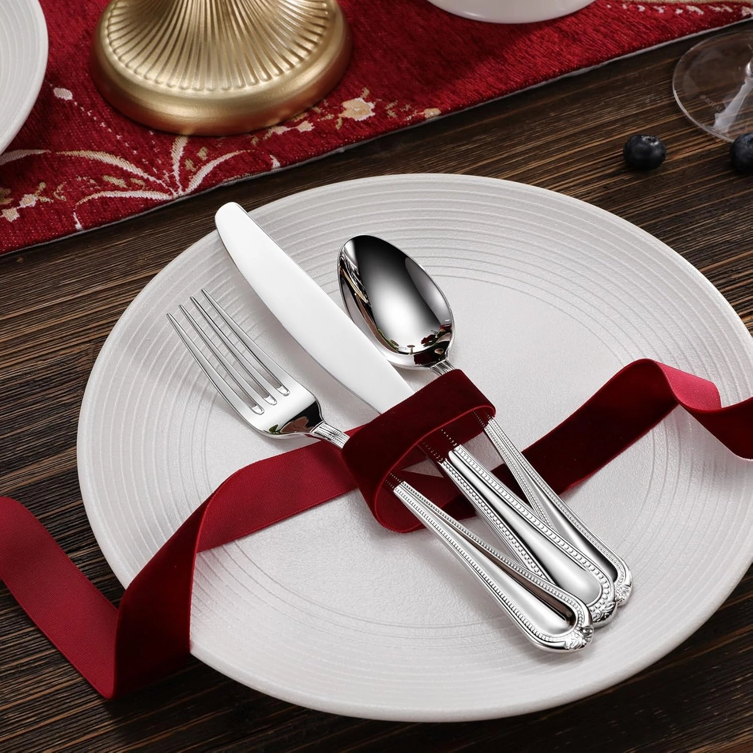 KEAWELL Pearl Edge Premium 65-Piece Refined Bead Silverware Set, 18/10 Stainless Steel, Service for 12, Fine Flatware Set with Serving Utensils, Dishwasher Safe (65, Silver)